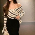 Bell-sleeve Off-shoulder Striped Knit Top