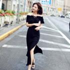 Off-shoulder Short-sleeve Slit A-line Maxi Dress