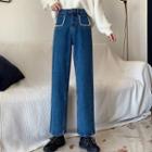 Faux Pearl Cropped Straight Leg Jeans