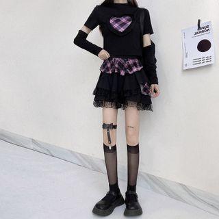 Short-sleeve Plaid Heart T-shirt / Mesh Panel A-line Skirt