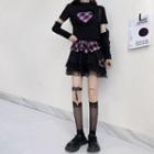Short-sleeve Plaid Heart T-shirt / Mesh Panel A-line Skirt