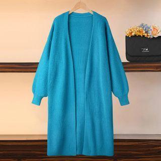 Puff-sleeve Long Cardigan Blue - One Size