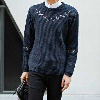 Leaf Embroidered Ribbed Sweater