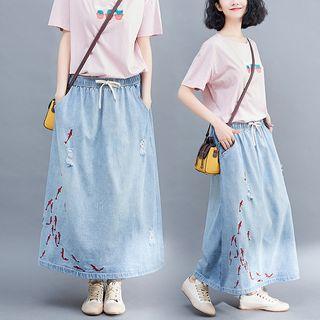 Maxi Embroidered Denim Skirt