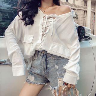 Lace Up V-neck Blouse White - One Size
