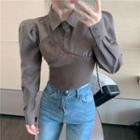 Mock Two-piece Knit Panel Crop Shirt Brown - One Size