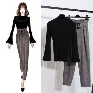 Set: Bell-sleeve Knit Top + Plaid Harem Pants