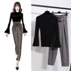 Set: Bell-sleeve Knit Top + Plaid Harem Pants