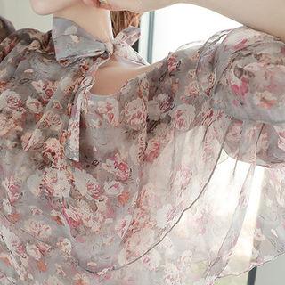 Cutaway-shoulder Floral Pattern Top