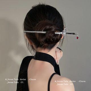 Sword Faux Gemstone Alloy Hair Stick Silver & Black - One Size