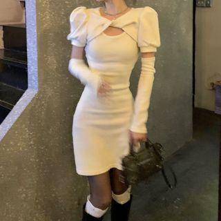 Set: Mock Two-piece Puff-sleeve Dress + Arm Sleeves