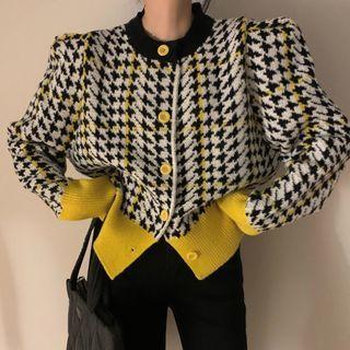 Puff-sleeve Houndstooth Cardigan