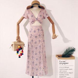 Set: V-neck Open Back Short-sleeve Top + Printed Maxi A-line Skirt