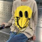 Smiley Face Print Fringed Sweater As Shown In Figure - One Size
