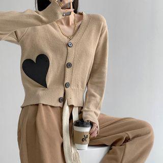 Heart-patch Slim-fit Cardigan Khaki - One Size