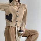 Heart-patch Slim-fit Cardigan Khaki - One Size