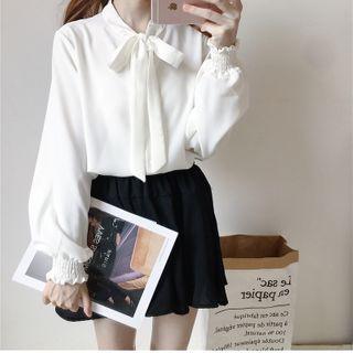 Long-sleeve Ribbon-accent Blouse