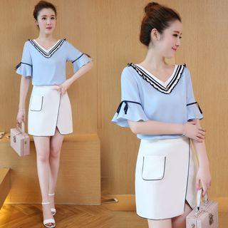 Set: Contrast Trim Short Sleeve Chiffon Top + Wrap Mini Skirt