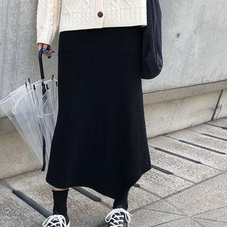 Asymmetric Hem Midi Knit Skirt Black - One Size