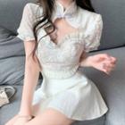 Short-sleeve Lace Blouse / Wide-leg Shorts