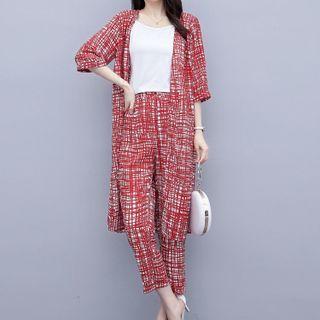 Set: Tweed Long Jacket + Dress Pants + Top