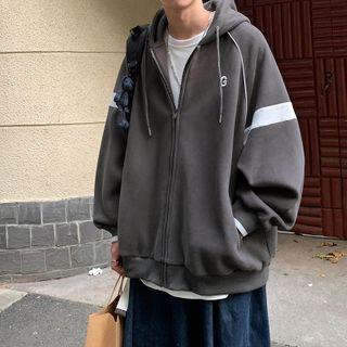 Letter Embroidered Two-tone Zip-up Hoodie