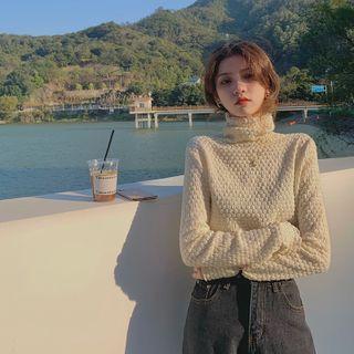 Mock-neck Long-sleeve Lace Top Beige - One Size