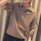 Striped Half Placket Elbow-sleeve Shirt