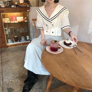 Sailor-collar Loose-fit Short-sleeve Top / Pleated Skirt