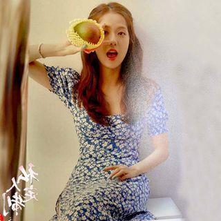 Square Neck Short Sleeve Floral Print Slit-hem A-line Dress