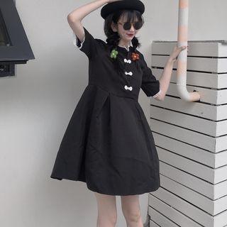 Short-sleeve Frog-button A-line Dress Black - One Size