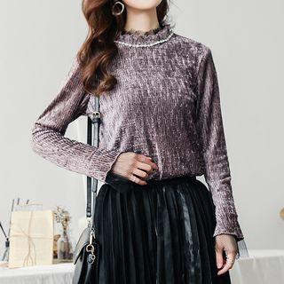 Mesh Trim Long-sleeve Velvet Top