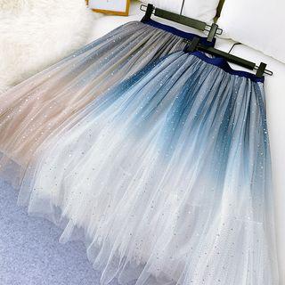 Gradient Sequined Mesh Skirt