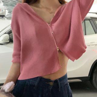 Hooded Short-sleeve Cropped Zip-up Knit Top