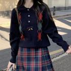 Argyle Print Polo-neck Sweater / Plaid A-line Skirt