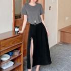 Set: Short-sleeve Asymmetrical Cropped T-shirt + Slit Midi A-line Skirt