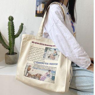 Lettering Printed Canvas Tote Bag As Shown In Figure - One Size