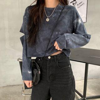 Long-sleeve Elbow-cutout Tie-dyed T-shirt Dark Silver - One Size