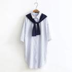Elbow-sleeve Tie-front Striped Long Blouse