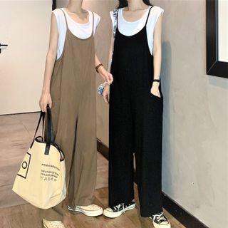 Set: Plain Tank Top + Spaghetti Strap Wide-leg Jumper Pants
