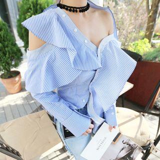 Cut Out Asymmetric Pinstriped Shirt