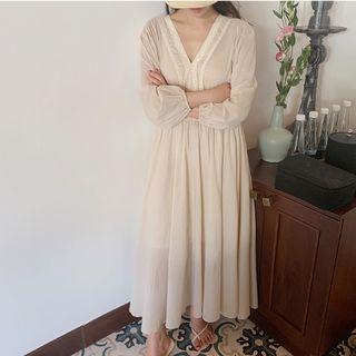 V-neck Long-sleeve Maxi Dress Almond - One Size