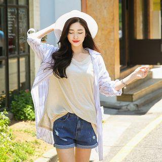 Tab-sleeve Striped Long Shirt
