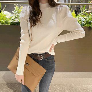 Crew-neck Puff-sleeve Rib-knit Top