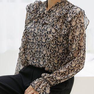 Tie-neck Frilled-trim Floral Blouse