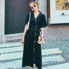 Short Sleeve V-neck Stitched Button-up Midi A-line Dress