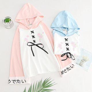Floral Embroidered Lace-up Raglan Hoodie