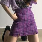 Plaid High-waist Slit Mini Skirt