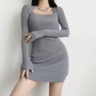 Long Sleeve Square-neck Ribbed-knit Mini Bodycon Dress