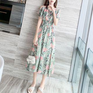 Flower Short-sleeve Midi A-line Dress Floral - Green - One Size